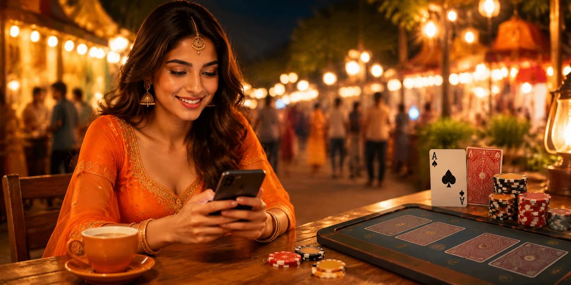 Night market scene in India with cricket fans placing bets using phone apps